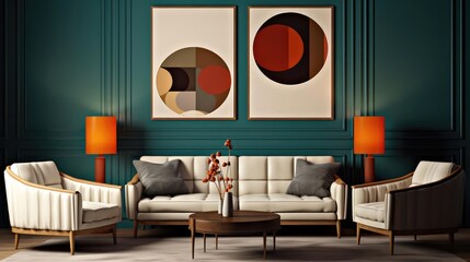 Lounge chairs and sofa against teal classic paneling wall with art posters Midcentury style home interior design of modern living