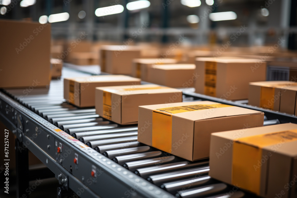 Poster a closeup image showcases multiple cardboard box packages seamlessly progressing along a conveyor be
