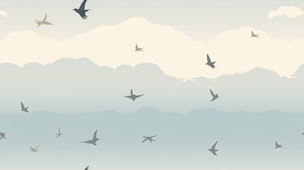  a flock of birds flying through a cloudy sky over a body of water with a bird in the foreground.  generative ai