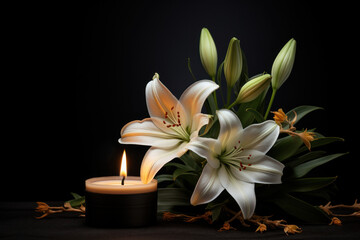 Obraz na płótnie Canvas A serene image presents a beautiful lily alongside a burning candle set against a dark background. Generative Ai.