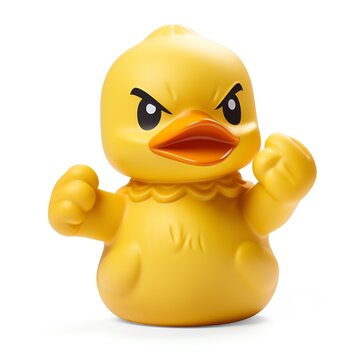 a yellow rubber duck with a angry face