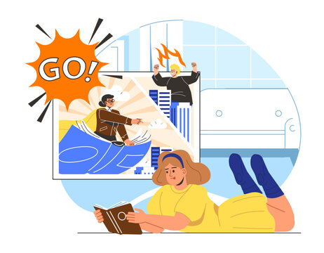 Girl reading comics concept. Teen and kid with book with pictures. Useful gobby and leisure indoor. Schoolgirl read about fictional characters. Cartoon flat vector illustration