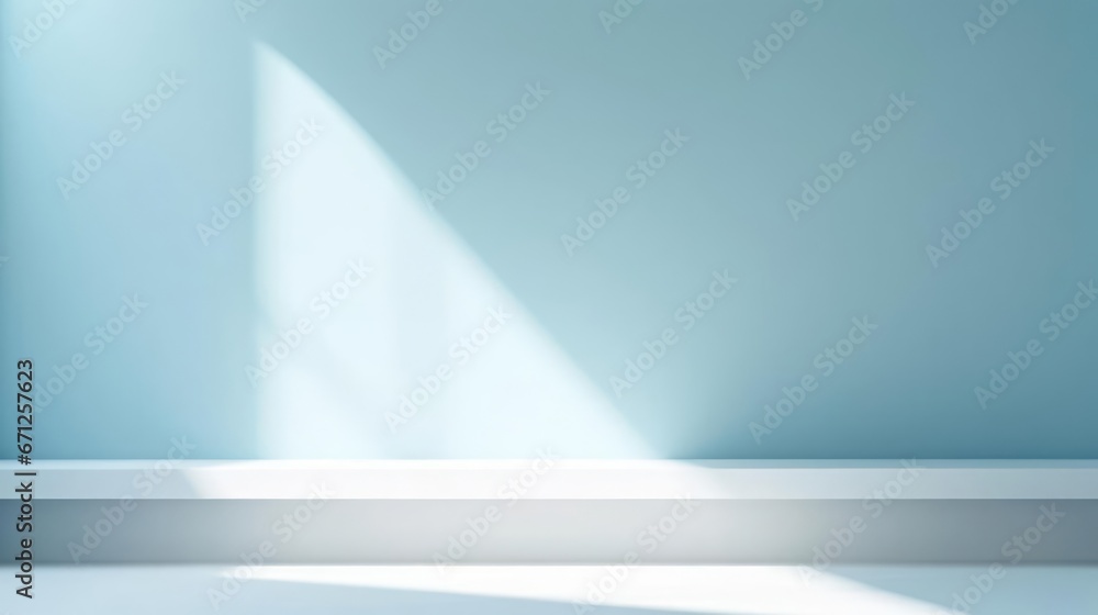 Poster minimal abstract light blue background for product presentation shadow and light from windows on pla