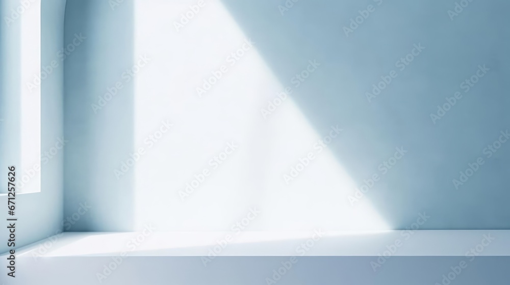 Poster minimal abstract light blue background for product presentation shadow and light from windows on pla