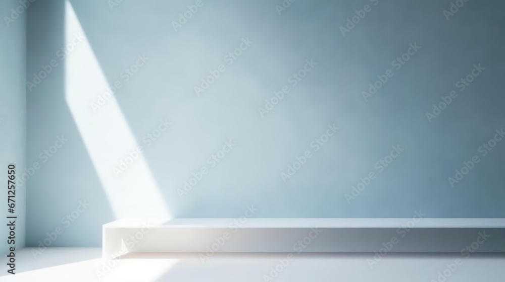 Poster minimal abstract light blue background for product presentation shadow and light from windows on pla