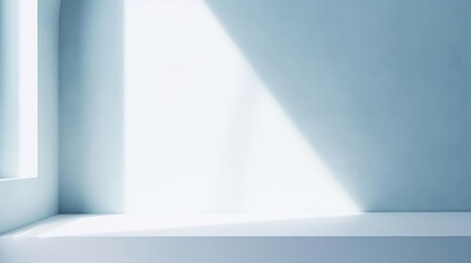 Fototapeta premium Minimal abstract light blue background for product presentation Shadow and light from windows on plaster wall 