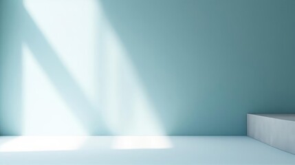 Minimal abstract light blue background for product presentation Shadow and light from windows on plaster wall 