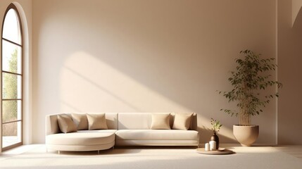 Minimalist home interior design of modern living room Curved sofa against arched window near beige wall with copy space 