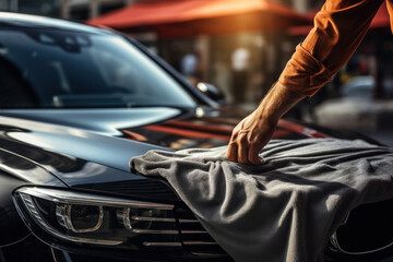 A man meticulously cleans a car with a microfiber cloth, evoking the concept of car detailing and...