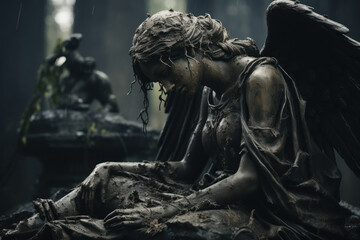 The image provides a background with a fragment of a sorrowful angel statue in a cemetery, creating...