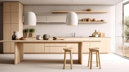 Fototapeta na wymiar Modern scandinavian minimalist interior design of kitchen with island dining table and wooden stool 