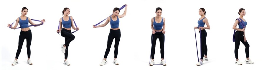Fototapeta na wymiar Collection of body workout training with exercise posture for athletic woman in different various exercising pose sequence in full body studio shot on isolated background. Vigorous