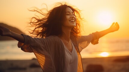 Backlit Portrait of calm happy smiling free woman with open arms and closed eyes enjoys a beautiful moment life on the seashore at sunset generative ai
