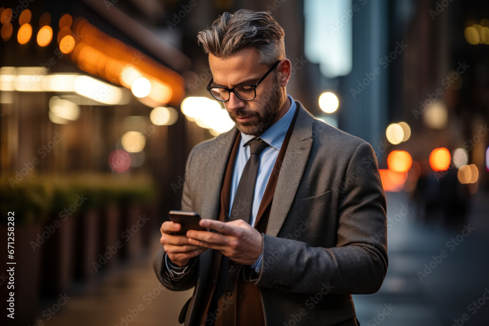 Poster a close-up image features a businessperson engrossed in watching a smart mobile phone device while o
