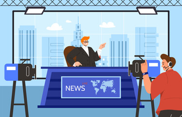TV live news show concept. Anchor in studio with cameraman. Mass media and host for television program. Information for audience. Poster or banner. Cartoon flat vector illustration - obrazy, fototapety, plakaty