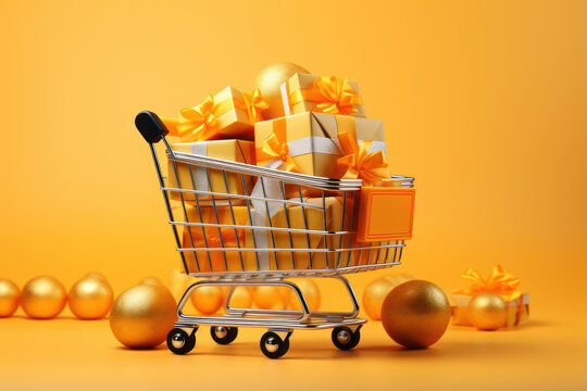 A shopping cart brims with gift boxes, creating a festive and cheerful image against a yellow background. Generative Ai.