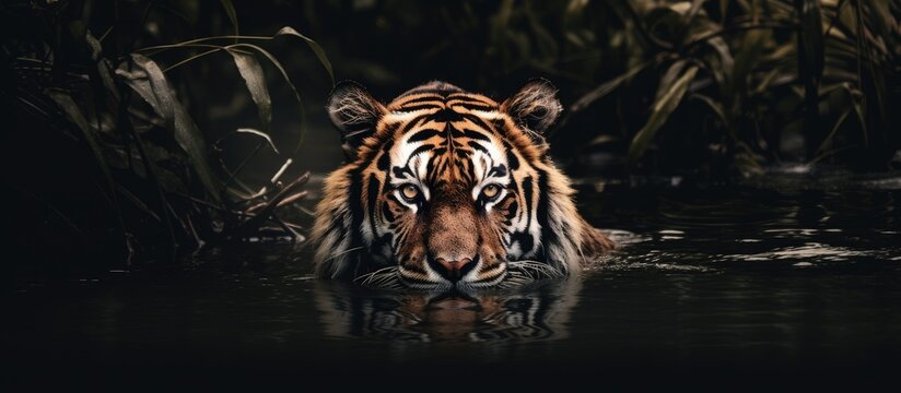 A pond features a manipulated photo of a tiger with brown and black coloring