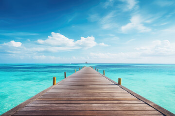 Fototapeta premium Wooden pier with blue sea and sky background