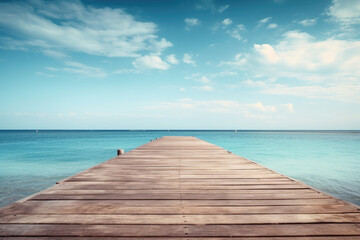 Wooden pier with blue sea and sky background - obrazy, fototapety, plakaty