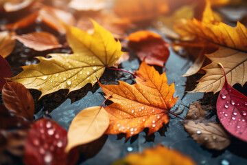 A close-up of colorful autumn leaves falling gently to the ground, symbolizing the changing of seasons. Falling leaves in the fall. Generative Ai.