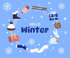 Winter season celebration. Warm clothes for cold weather, gift box and sledges. New Year and Christmas. Poster or banner. Cartoon flat vector illustration isolated on blue background
