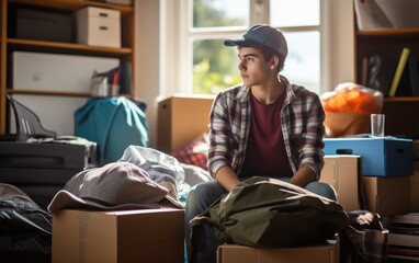 A male college freshman is resting from packing his things and stuffs to preparing moving into his university dormitory