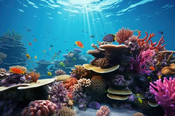 Gardinen A vibrant coral reef teems with colorful marine life, illustrating the wonders of underwater ecosystems. Coral reef and marine biodiversity. Generative Ai. © Sebastian