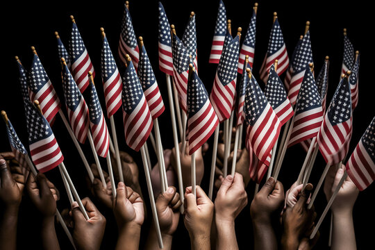 Conceptual image of a large crowd holding an American flag. Patriotism, USA politics, justice and unity.