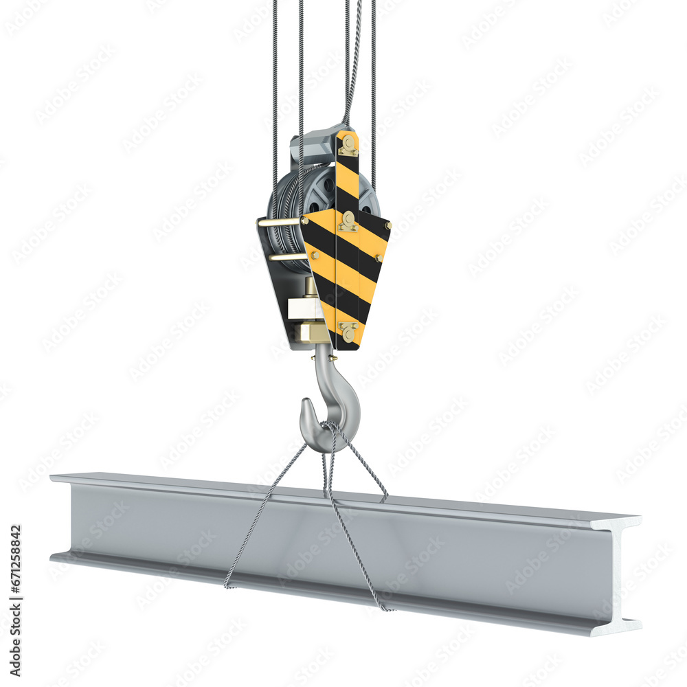 Poster crane hook with channel, h-beam. 3d rendering isolated on transparent background