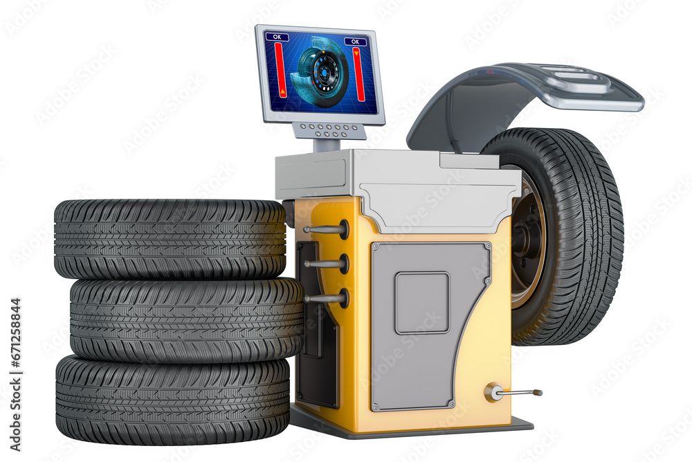 Poster wheel balancing machine with car wheels, 3d rendering isolated on transparent background