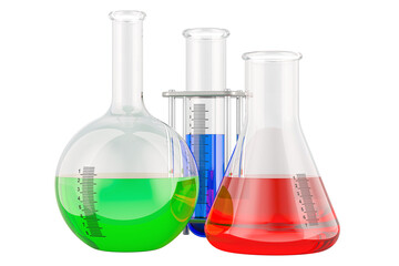 Chemical flasks with colored liquid, 3D rendering isolated on transparent background