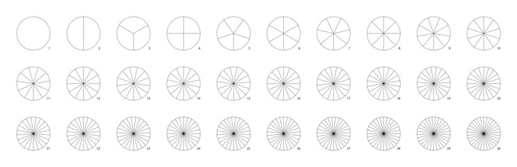 Circle divided into sectors or parts. Pie chart math infographics to show fraction, division, percentage of segments. Equal pizza pieces or slices.