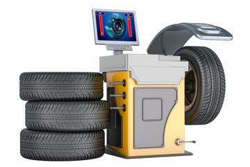 Wheel balancing machine with car wheels, 3d rendering isolated on transparent background