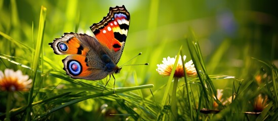 A blade of grass hosts a Peacock Pansy Butterfly