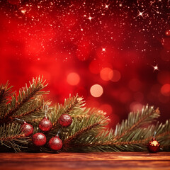 Fototapeta na wymiar Christmas background with fir branches laying on wood in the bottom of the frame with sparkle bokeh lights on a red background. Merry christmas card. Winter holiday theme. Happy New Year. Space