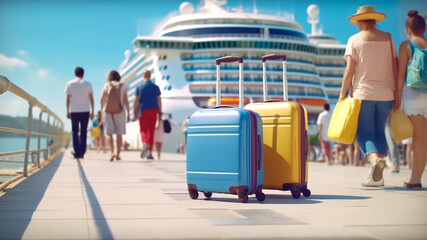 Yellow and blue suitcases stand in port as they are loading onto cruise ship. Family rest and vacation concept. High quality illustration - obrazy, fototapety, plakaty