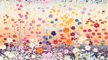  a painting of a field of flowers with orange, pink, blue, and white flowers in the foreground.  generative ai