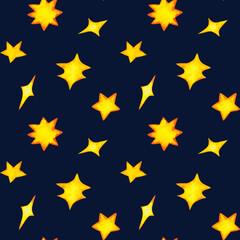 Stars seamless pattern. Hand drawn watercolor illustration isolated on black. Background for website, banner, card. Wrapping paper, birthday decor.