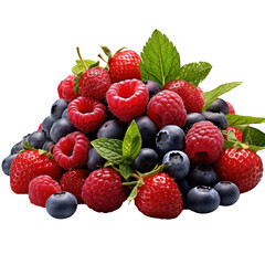 a mound of strawberries, raspberries, blueberries and mint, isolated
