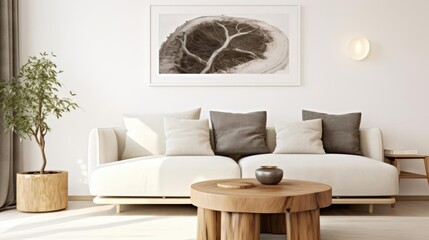 Wood stump coffee table near grey sofa against white wall with poster frame Scandinavian nordic home interior design of modern