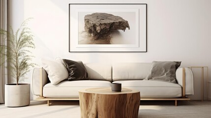 Wood stump coffee table near grey sofa against white wall with poster frame Scandinavian nordic home interior design of modern