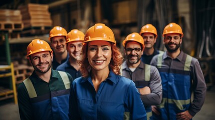 smiling group of workers wearing a hard hats, standing in warehouse, copy space, 16:9