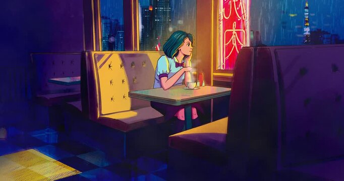 A 2D cartoon animation of a girl sitting at a dinner during rain.