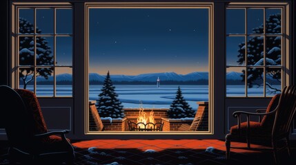  a painting of a fireplace in a living room with a view of the snow covered mountains outside of the window.  generative ai