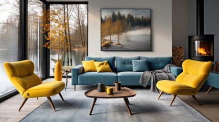 Yellow chair and blue sofa in room with fireplace Scandinavian home interior design of modern living room in house by lake  - obrazy, fototapety, plakaty