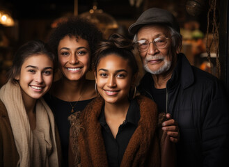 Obraz premium A warm and welcoming family portrait, showcasing a diverse mix of generations, illustrates the beauty of multicultural family bonds. Generative Ai.