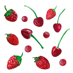 Set of  berries. Cherries, strawberries and currants. Hand drawn watercolor illustration. 