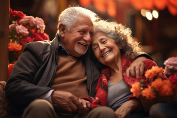 Obraz premium A jovial elderly couple from different parts of the world, hands held together, celebrate their lifelong love story, proving that love transcends borders. Generative Ai.