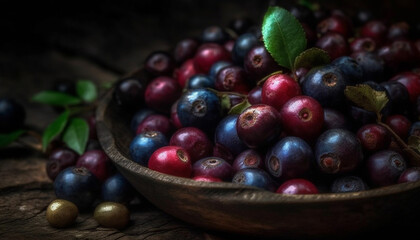 A rustic bowl of juicy huckleberries, a healthy autumn snack generated by AI