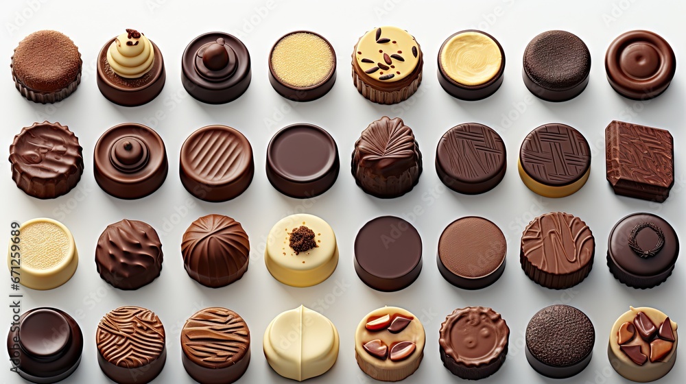 Poster a number of different types of chocolates on a white surface with a white surface in the middle of t